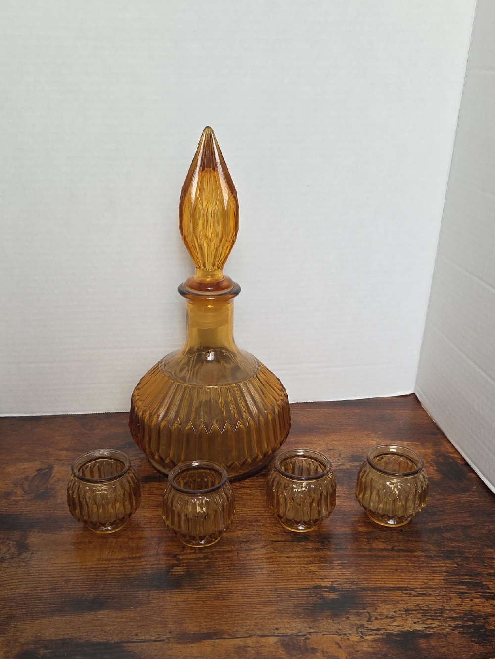 Vintage Empoli Amber Decanter Set with Four Matching Glasses